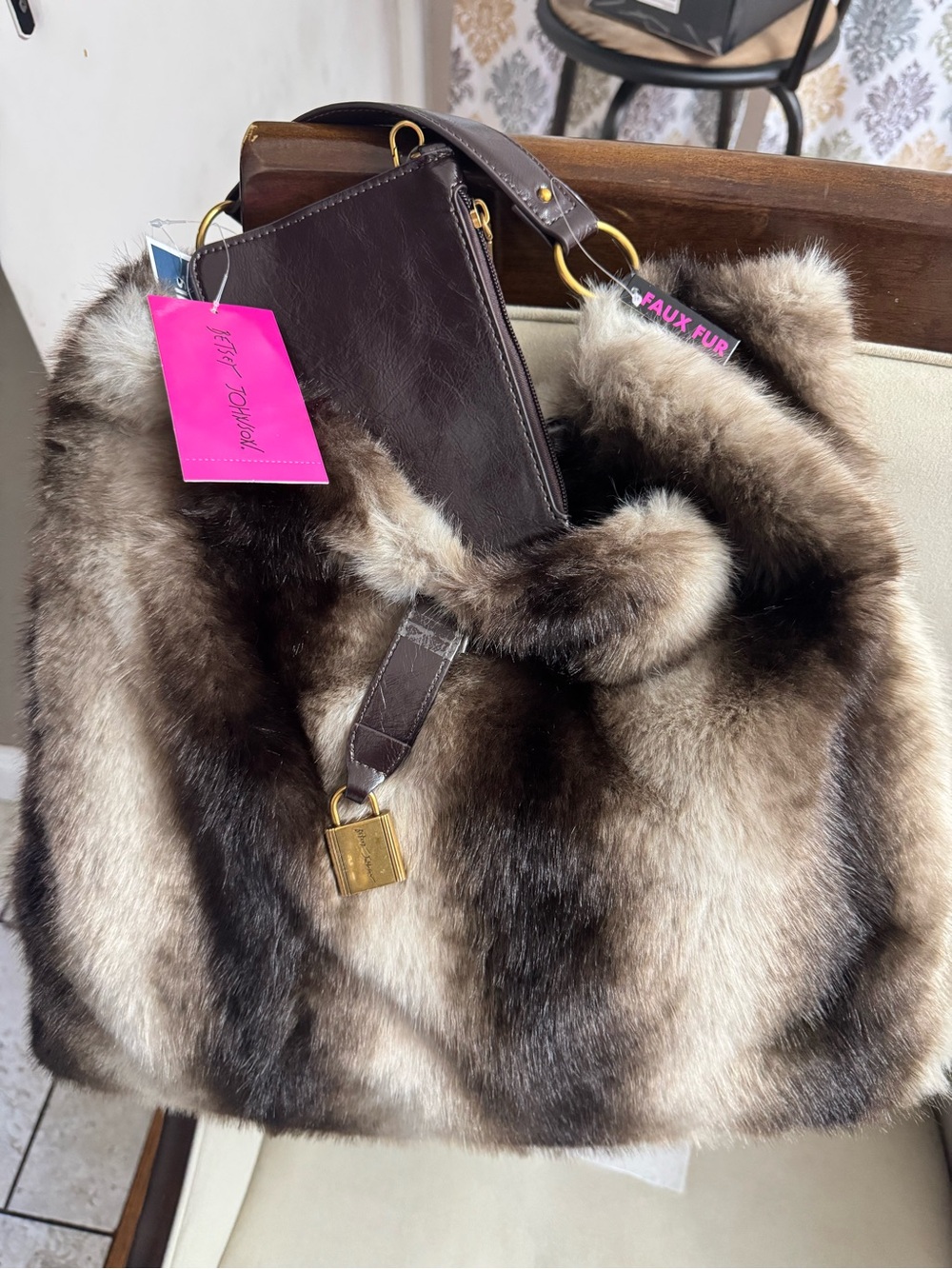 Betsey Johnson Faux Fur Brown & Cream Tote with Gold Hardware